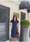 Osy Modal Yumuşak Dokulu Kumaş Yakalı Kısa Kollu Elbise - Mavi