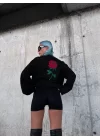 Oversize Üç İplik Bisiklet Yaka Baskılı SweatShirt - Siyah