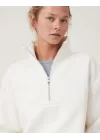 Oversize Yarım Farmuarlı Yakalı Basic SweatShirt - Beyaz