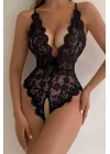 Özel Bölgesi Açık Dantelli Siyah Fantazi Babydoll TM1277