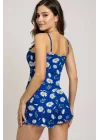 Papatya Desenli Mavi Askılı Şortlu Pijama Takımı