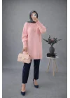 Kadın Pembe Bisiklet Yaka Oversize Triko Tunik Kazak