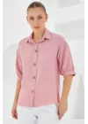 Pembe Kısa Kol Oversize Keten Gömlek 20240