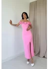 Kırmızı Madonna Yaka Güllü Elbise