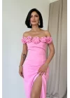 Kırmızı Madonna Yaka Güllü Elbise