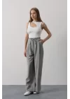 Pileli Bağcıklı Oversize Pantolon - Gri