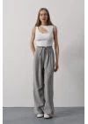 Pileli Bağcıklı Oversize Pantolon - Gri