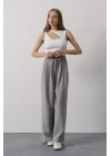 Pileli Bağcıklı Oversize Pantolon - Gri