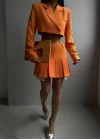 Pileli Etek Crop Ceket Takım