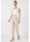 Pileli Kemerli Kumaş Pantolon 6725 - Krem