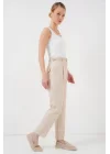 Pileli Kemerli Kumaş Pantolon 6725 - Krem