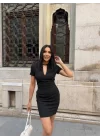 POLO YAKA YAKA KEMER DETAYLI KALEM ELBİSE - Siyah