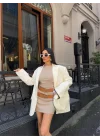 POLYVİSCON ÇİFT KEMER DETAYLI ELBİSE - Bej
