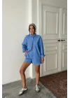 POPLİN ÇİZGİLİ GÖMLEK - ŞORT TAKIM - Mavi