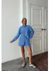 POPLİN ÇİZGİLİ GÖMLEK - ŞORT TAKIM - Mavi