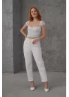 Puantiyeli Belden Oturtmalı Tül Beyaz Bluz