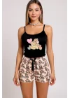 Renkli Ayıcık Desenli Askılı Şortlu Kadın Pijama Takımı