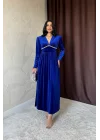 Saks Göğüs Altı Taşlı Elbise