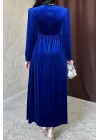 Saks Göğüs Altı Taşlı Elbise