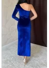 Saks Tek Omuzlu Taş Askılı Elbise