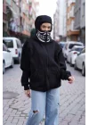Samuray Kapşonlu ZIP Fermuarlı Çift Kapşonlu Nakışlı SweatShirt- Siyah