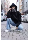 Samuray Kapşonlu ZIP Fermuarlı Çift Kapşonlu Nakışlı SweatShirt- Siyah