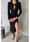 SANDY ELBİSE BÜZGÜ DETAYLI - Siyah