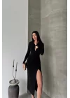 SANDY ELBİSE BÜZGÜ DETAYLI - Siyah