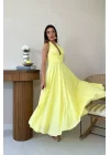 Ekru Askılı Keten Elbise