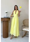Ekru Askılı Keten Elbise