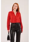 Saten Crop Model Kırmızı Gömlek