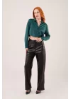 Saten Crop Model Yeşil Gömlek