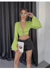 SATEN CROP TOKA DETAYLI BLUZ - Yeşil