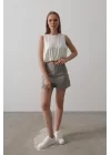 Saten Kolsuz Belki Lastikli Bluz - Ekru