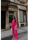 SATEN KRUVAZE BAĞLAMALI BLUZ- PANTOLON TAKIM - Fuşya