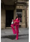SATEN KRUVAZE BAĞLAMALI BLUZ- PANTOLON TAKIM - Fuşya