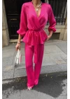 SATEN KRUVAZE BAĞLAMALI BLUZ- PANTOLON TAKIM - Fuşya