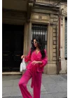 SATEN KRUVAZE BAĞLAMALI BLUZ- PANTOLON TAKIM - Fuşya