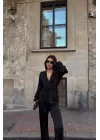 SATEN KRUVAZE BAĞLAMALI BLUZ- PANTOLON TAKIM - Siyah