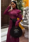 Saten Kuşaklı Ajurlu Triko Elbise 2847
