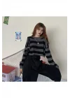 Kadın Siyah Gri Geniş Çizgili Selanik Örgü Bisiklet Yaka Crop Triko Kazak