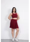 Sendy Kumaş Bisiklet Yaka Crop Şortlu Etek Ikili Takım - Bordo