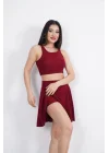 Sendy Kumaş Bisiklet Yaka Crop Şortlu Etek Ikili Takım - Bordo