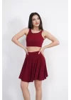 Sendy Kumaş Bisiklet Yaka Crop Şortlu Etek Ikili Takım - Bordo