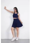 Sendy Kumaş Bisiklet Yaka Crop Şortlu Etek Ikili Takım - Lacivert