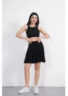 Sendy Kumaş Bisiklet Yaka Crop Şortlu Etek Ikili Takım - Siyah