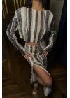 ŞERİT PAYET CROP BLUZ - YIRTMAÇLI ETEK TAKIM - Siyah
