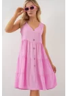 Sıfır Kol Düğmeli Kısa Elbise 2571 - Pembe
