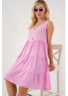 Sıfır Kol Düğmeli Kısa Elbise 2571 - Pembe