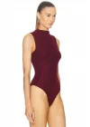 MetuCa Kadın Bordo Dik Yaka Kolsuz Jarse Kumaş Vücudu Saran Tanga Kesim Bodysuit Zıbın